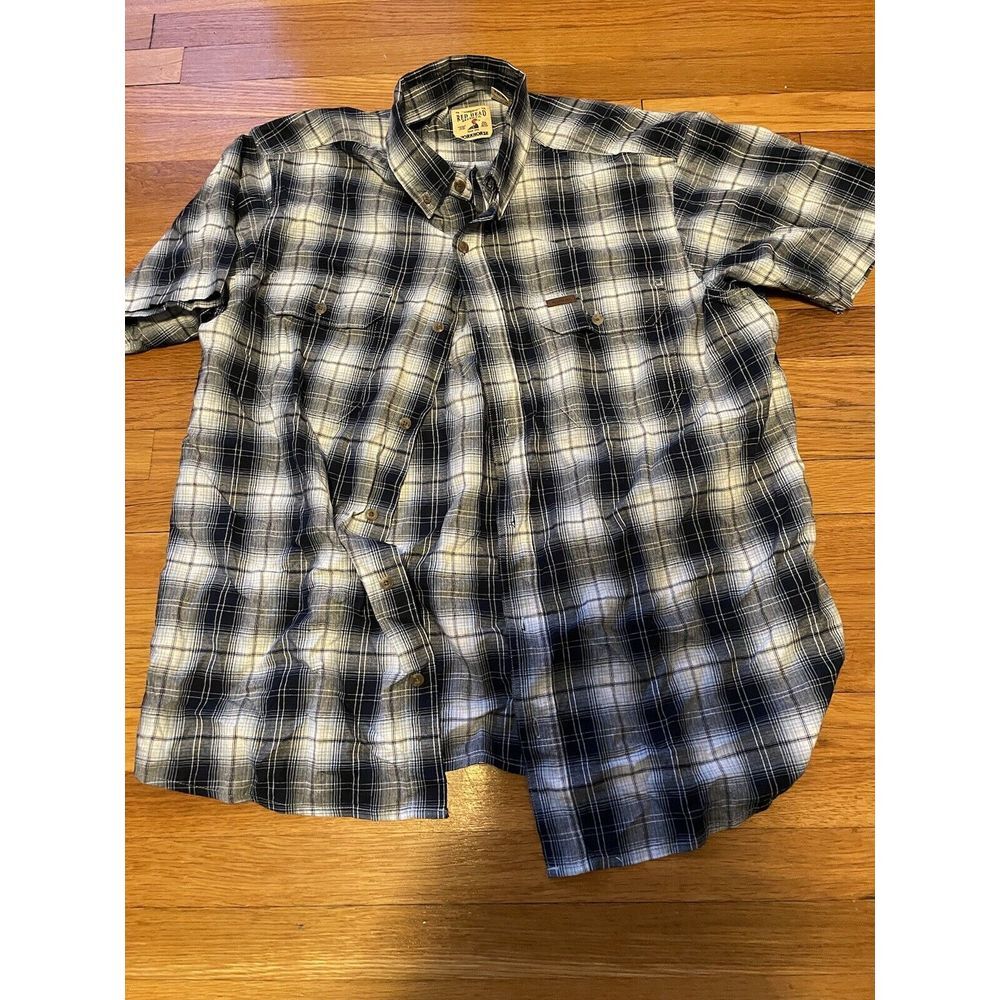 Red Head Brand Co Mens Short Sleeve Button Down Shirt Plaid Gray White Blue XL